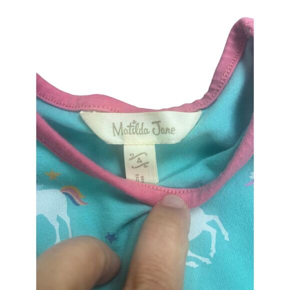 Matilda Jane Girls Dress Size 4 Teal Unicorn Print Short Sleeve Casual Twir - Picture 3 of 6